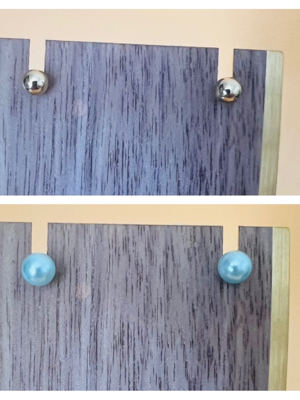 Set of 2 small Stud Earrings gold ball and blue pearl